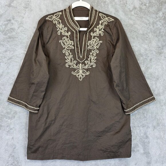 I. Magnin Shirt Womens Medium Brown Embroidered Tunic Boho 3/4 Sleeve Split Neck - Picture 1 of 10